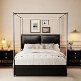 madeslves Queen Size Canopy Bed Frame with Headboard, Upholstered Platform Platform Bedframe, Heavy Duty Metal Slats Support, No Box Spring Needed, Easy Assembly, Black