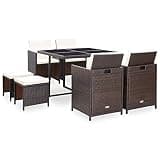 mtlskopl 9 Piece Outdoor Dining Set Brown PE Rattan Patio Furniture Set with Square Tempered Glass Table and Cushioned Seating for Backyard Garden and Outside Entertaining