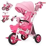 JMMD 8 in 1 Tricycle Stroller with Push Handle, Foldable Trike with 360° Swivel Seat, Reclining Backrest, All-Terrain Wheels, Dual Brakes, Canopy & Storage, Gift for Kids 18 Months to 5 Years, Pink