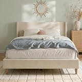 Merax Queen Size Velvet Bed Frame with Wingback Headboard, Upholstered Platform Bedframe with Solid Wooden Leg, Wood Slats for Bedroom, No Box Spring Needed, Easy Assembly, Modern Luxury Style, Beige