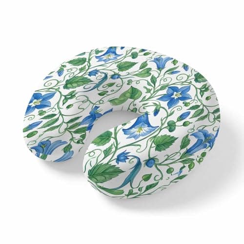 LXCPBNQT Neck Pillow Farm Morning Glory Ombre Blue Washable Memory Foam Pillow for Airplane Office Car Sleeping, Green Leaves Plant Travel Pillows U Shaped Stretch Neck Support Pillows