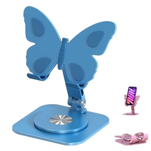 Butterfly Phone Stand for Desk, 360° Rotating Aluminum Phone Holder, Adjustable Foldable Stand for Office Home Travel, Works with Phones & Tablets (Blue)