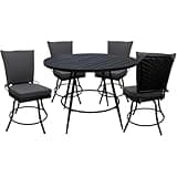 Pemberly Row 5-Piece Patio Dining Set, 42-Inch Round Table, Dark Gray Linen and Black Finish, Powder Coated Aluminum Frame, Removable Cushions, 360° Swivel Chairs, Outdoor PE Wicker Back Design