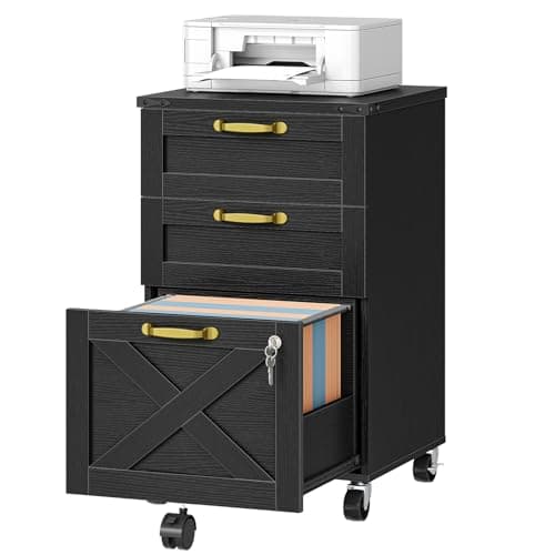 HOOBRO 3 Drawer File Cabinet with Lock, Mobile Farmhouse Filing Cabinet for A4/Letter Size, Under Desk Rolling Office Cabinet, Printer Stand with Storage for Home Office, Black BK67WJ01