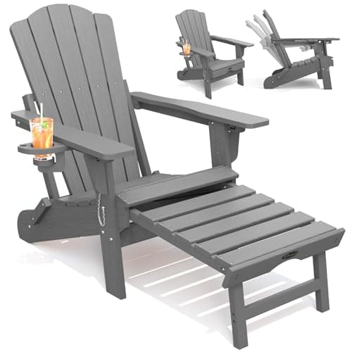 THOEOE Folding Adjustable Adirondack Chairs with Ottoman & 1 Cup Holders, HDEP Multifunctional Adirondack Chair with Footrest,Grey