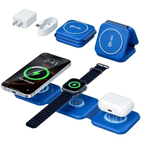 15W Charging Station for Apple Multiple Devices: Foldable 3 in 1 Magnetic Wireless Charger-Qi2 Fast Travel Charging Pad for iPhone Air 17 16 15 14 13 12 Pro Max, Watch & Airpods-Slim, Navy Blue
