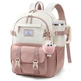LOVEVOOK School Backpack for Teen Girls, Bookbag for 8-16 Student, Middle High College Back to School Cute Kids Backpack, 15.6 Inch, Pink-beige