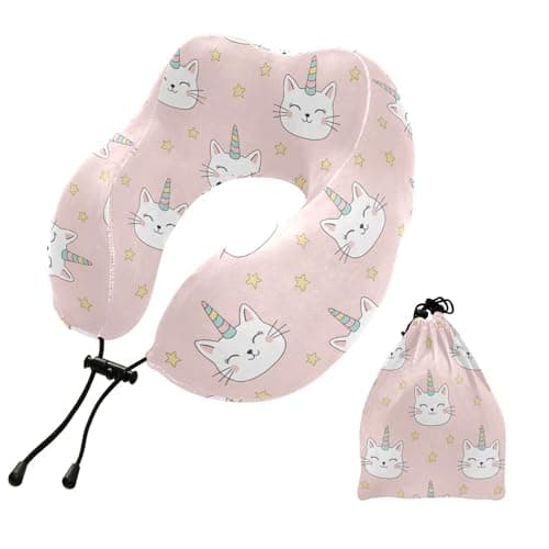 Emelivor Cute Cat Star Pink Print Travel Pillow Memory Foam Neck Pillow with Storage Bag Portable Neck Support Pillows for Airplane Sleeping Plane Car Home Office Travel Essentials