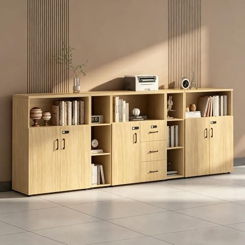 HSHBDDM File Cabinet with Password Lock, Wood Lateral Filing Cabinet for Letter/A4 Files, 3 Drawer with Door, Printer Stand with Open Shelves for Home Office