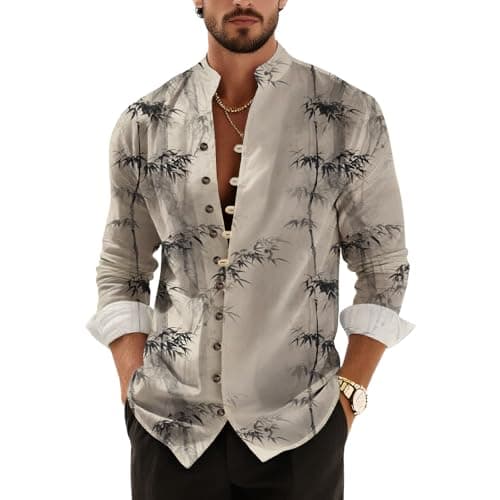 Mens Cotton Linen Mandarin Collar Shirt with Watercolor Floral Print Asymmetric Button Down Long Sleeve Lightweight Casual Top for Spring and Summer Versatile Fashion
