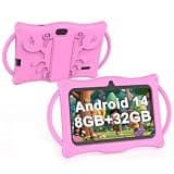 BYANDBY Kids Tablet 7 inch Android 14 Tablet for Kids, 8GB+32GB ROM+1TB Expand Quad-Core Toddler with Shockproof Case, BT, WiFi, Parental Control, Dual Camera, Games (Pink)