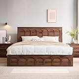 ACCOHOHO Queen Size Bed Frame Modern with 52" Tall Arched Recessed Headboard and 4 Drawers, Solid Wood Slats Support, Wood Platform, Noise Free, No Box Spring Needed, Brown