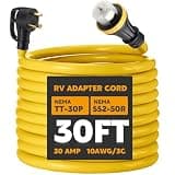 Tellegloww 30ft 30 Amp to 50 Amp RV Locking Adapter Cord Compatible with Nema TT-30P Male to SS2-50R, Locking Female Power Dog Bone Plug for RV Trailer Camper, STW 10 Awg/3C