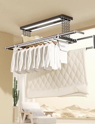 iumLeap Ceiling Clothes Dryer Aluminium and Steel Electric Clothes Dryer with Remote Control,Electric Retractable Clothes Drying Rack, Ceiling Mounted with LED Light & Re, A