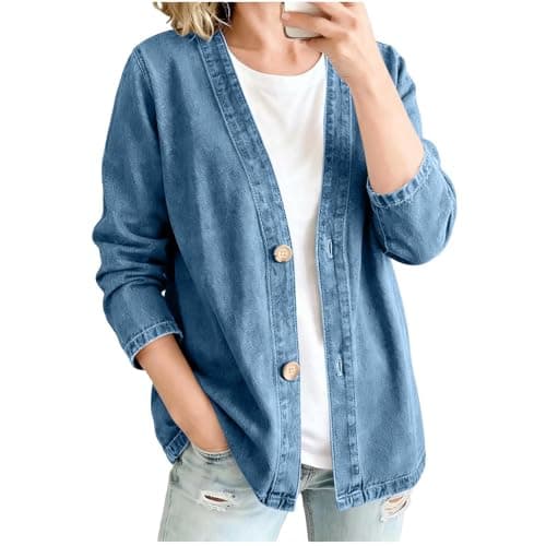 Denim Jacket for Women Trendy Casual Collarless Button Down Relaxed Stretch Jean Jacket Fall Vintage Denim Cardigan