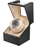 Automatic Single Watch Winder for Rolex and Other Luxury Watches - Premium Black Carbon Fiber Leather, Japanese Quiet Motor, Battery Powered or USB Powered, Gift for Men & Women