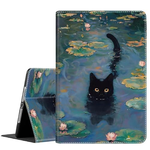 Case for iPad 9.7 Inch iPad 6th/5th Generation 2018 2017(Model: A1893 A1954 A1822 A1823), Durable Shockproof Protective Cover with Auto Wake/Sleep, Lack Cat and Lotus