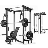 Mikolo Folding Squat Rack, Wall Mounted Power Rack with Cable Crossover Machine & LAT Pull Down, Functional Trainer with 5 Adjustable Function Modes, Basic Home Gym Package with Weights(Black)