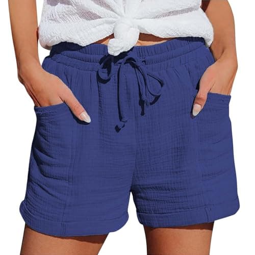 Blue Pajama Shorts Women Lightweight with Pockets Cotton Linen Double Waisted Work Out Open Bottom Flared Gym Running Summer Soft Comfy Lounge Shorts Women