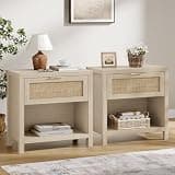 Eclatara Rattan Night Stands Set of 2, Boho Bedside Table with Drawer and Storage Shelf, Farmhouse Accent Nightstands Side Table for Bedroom Sofa Office (2, Original Oak)