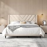 Yaheetech King Bed Frame Upholstered Platform Bed/Wooden Slat Support/Tufted Headboard with Wing Side/Mattress Foundation/No Box Spring Needed,Beige King