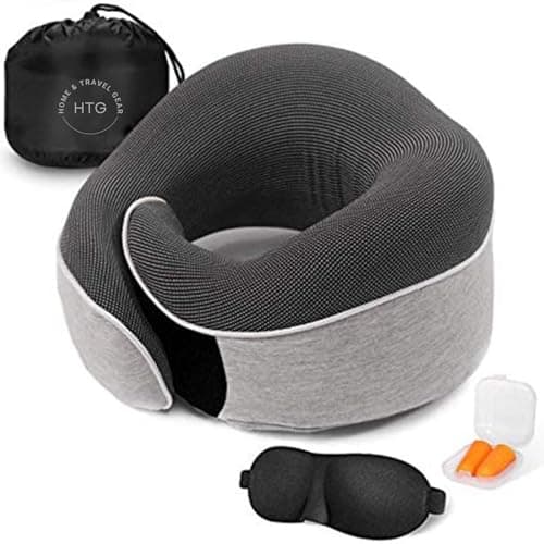 Travel Neck Pillow Set – Full Wraparound Memory Foam Pillow with 360° Neck Support, Fits Necks 10–18", Ergonomic Design for Flights, Car & Office, Includes Sleep Mask, Ear Plugs & Carry Bag