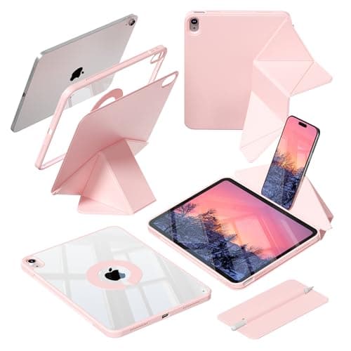 kenke Case for iPad Air 11 Inch M4/M3/M2 (2026/2025/2024), iPad Air 10.9 Inch 5th/4th Gen 2022/2020 with Clasp, Detachable Rotating 360° Magnetic Clear Back with Multi-Folding Stand Cover, Light Pink