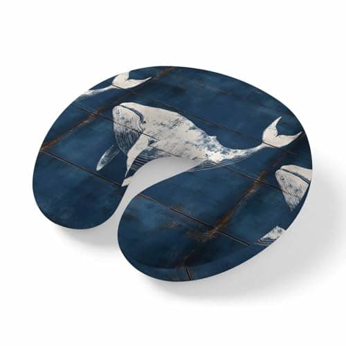 Yaiikkvbaa Summer Whale Neck Pillow Memory Foam U Shaped Travel Pillow, Ocean Vintage Wooden Grain Blue Neck Support Pillows Decorative Headrest Cushion for Airplane Sleeping Car Office