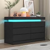 Gyfimoie 6 Drawer Dresser with Power Outlet, Dresser with LED Light, Modern Chest of Drawers for Closet, Double Wide Drawer Organizer Cabinet for Bedroom, Living Room (Black, 6 Drawers)