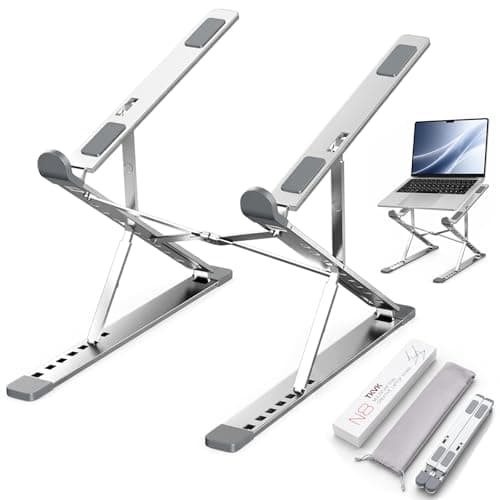 TKVK Adjustable Laptop Stand, Lightweight Foldable Laptop Riser for Desk, 15 Height Levels Portable Stand for 10–17” Laptop & Tablet, Non-Slip, Silver