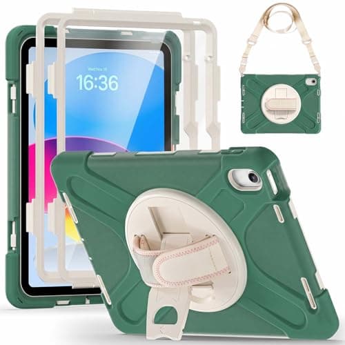 Shockproof Case for iPad A16 10th 2022 /11th 2025 Generation [2 Front Frames] Rugged Cover with 360° Rotatable One-Click Reset Stand & Velcro Hand Strap (Integrated Pencil Holder), Emerald Green