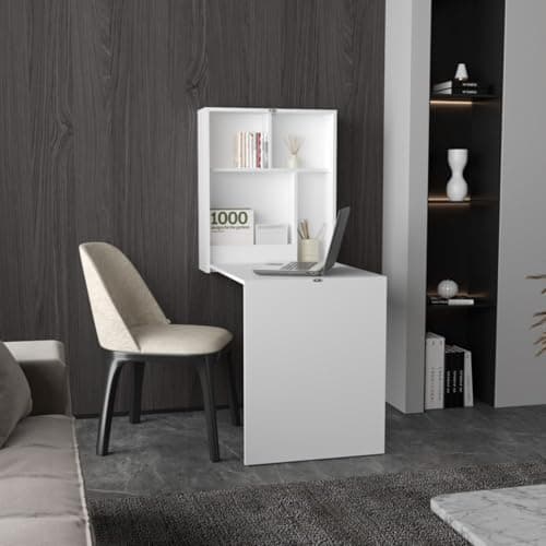 Hassyee Space-Saving Design Wall-Mounted Folding Writing Table with Four Shelves Storage Space, Simplistic Design Retractable Floating Study Table