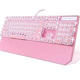 Camiysn Typewriter Style Mechanical Gaming Keyboard, Pink Retro Punk Gaming Keyboard with White Backlit, 104 Keys Blue Switch Wired Cute Keyboards, Round Keycaps for Windows/Mac/PC