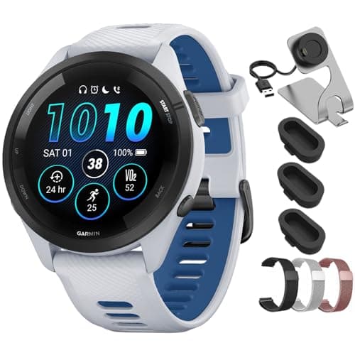 Garmin Forerunner 265 GPS Smartwatch Whitestone/Tidal Blue 010-02810-01 Bundle with Deco Essentials 22mm Milanese Band 3 Pack, Charging Dock and Silicone Dust Cover 3 Pack