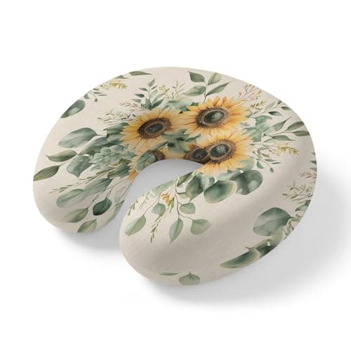 Yaiikkvbaa Sunflower Neck Pillow Memory Foam U Shaped Travel Pillow, Eucalyptus Leaves Rustic Botanical Neck Support Pillows Decorative Headrest Cushion for Airplane Sleeping Car Office