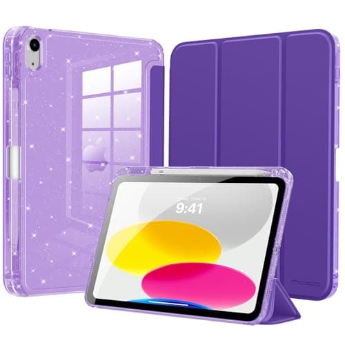 MoKo Slim Case for iPad (A16) 11th Generation 11 Inch 2025,iPad 10th Generation 2022 10.9 Inch,Glitter Smart Cover with Pencil Holder,Sparkly Clear Back Shell,Auto Wake/Sleep, Deep Purple