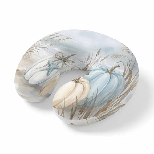 Travel Pillows U-Shaped Neck Pillow Coastal Pumpkin Harvest Blue White Pumpkins Ergonomic Memory Foam Pillow Head Cushion,Starfish Beach Soft Portable Neck Pillows for Office Airplane Car Train
