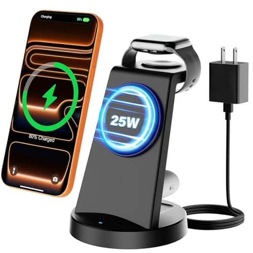 GETPALS 3 in 1 Wireless Charging Station: Qi2.2 Certified 25W Wireless Magnetic Charger Stand for 17e/17/16e/16/15/14/13/12 Pro Max - iWatch for Night Stand Desk (Black)