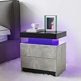 agnixnaf LED Grey Black Wood Nightstand with 2 Drawers, Bedside Table, Modern, for Bedroom, Dorm Room, Living Room, Office