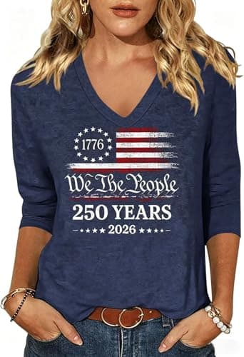 Scgirl Womens 3/4 V Neck Sleeve American Flag Shirts 4th of July Summer Shirts Graphic Tops (XX-Large, 564a2 Navy)