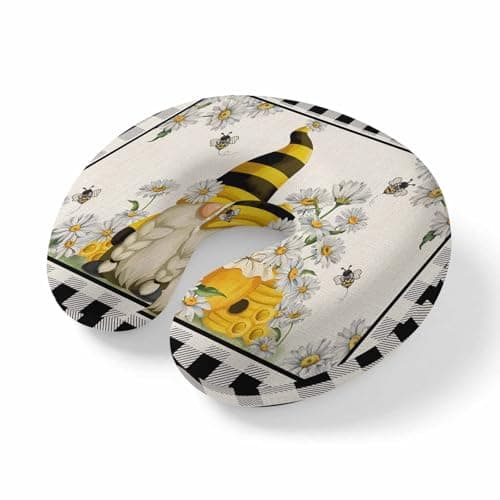 Travel Pillows U-Shaped Neck Pillow Spring Yellow Black Stripes Hat Dwarf White Daisy Ergonomic Memory Foam Pillow Head Cushion,Honey Bee Soft Portable Neck Pillows for Office Airplane Car Train