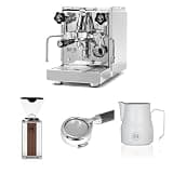 Diletta Bello Espresso Machine (Stainless Steel) Bundle with Giannino Espresso Grinder (Chrome & Wood), 58mm Bottomless Portafilter & 12oz Frothing Pitcher (Matte White)