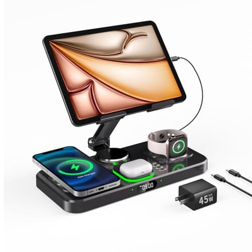 Magnetic Charging Station for Apple Multiple Devices, Wireless Charger with Clock & Light, Foldable Wired Charging Stand for iPad/Tab, Mag-Safe Charger for iPhone 17, for Apple Watch for AirPods
