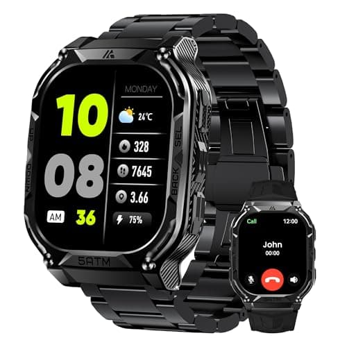 AMAZTIM GPS Smart Watches for Men, 1.96" AMOLED Large Screen, Rugged Stainless Steel Body, 50M Waterproof, Answer/Make Call, Heart Rate Monitor/Sleep Tracking, Android & iOS Compatible, Black, M3E
