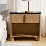 27" Wide Nightstand with Drawer and Open Shelf, Faux Marble & Wood Bedside Table, Modern Curved Side Table with Rounded Body and Cylindrical Legs, Large End Table for Bedroom,Walnut