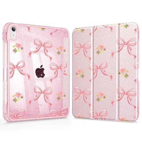 Tuiklol for iPad 11 inch (A16 Chip) 2025 11th Gen/iPad 10.9 inch 2022 10th Gen, Buit in Pencil Holder with Shockproof Cover Glitter Transparent Back Shell Case Auto Wake/Sleep,Pink Bow Floral