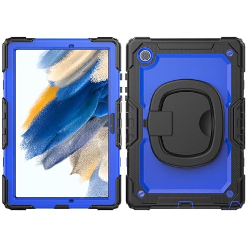 for Samsung Galaxy Tab A8 X205/X200 Case 2021 10.5" Case with Screen Protector, Full Body Protective Rugged Cover Rotating Handle Silicone Case for Galaxy Tab A8 10.5 inch(Blue pc)