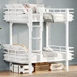 Feonase Metal Bunk Bed Twin Over Twin, Industrial Bunkbeds Heavy Duty Bed with High Safety Guard Rails and Built-in Handrails & Wide Steps, Steel Bed for School, Bedroom, White