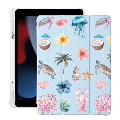 BlHMCASE Cute Sea Turtle Flower for iPad 5th/6th Generation Case with Pencil Holder, Auto Sleep/Wake, Blue Leather Soft TPU Back Cover for iPad 9.7 Inch