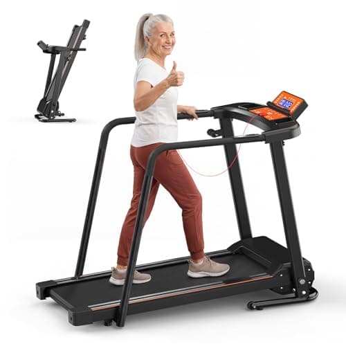 FLIMDER Senior Walking Treadmill with Long Handrails, 300 lbs Capacity, 0.5-6.0 MPH, 12 Programs, APP, Heart Rate, PAD & Cup Holder, Easy Assembly